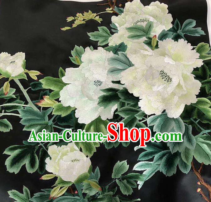 Chinese Handmade Embroidered White Peony Silk Fabric Patch Traditional Embroidery Craft