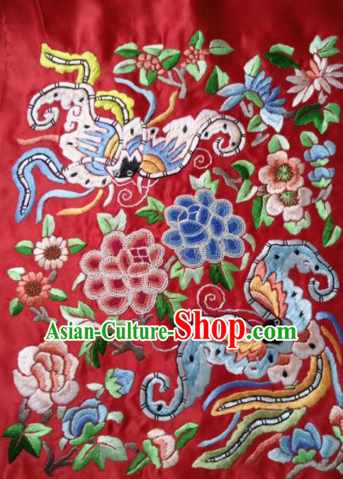Chinese Handmade Embroidered Phoenix Peony Red Silk Fabric Patch Traditional Embroidery Craft