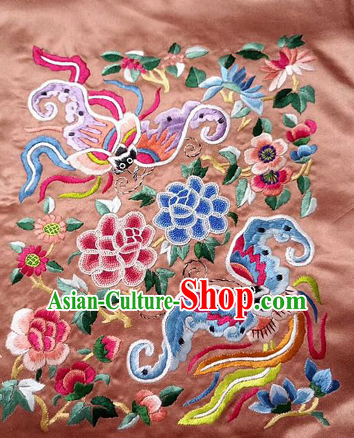 Chinese Handmade Embroidered Phoenix Peony Pink Silk Fabric Patch Traditional Embroidery Craft