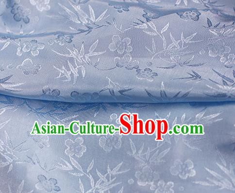 Traditional Chinese Royal Bamboo Plum Pattern Design Blue Brocade Silk Fabric Asian Satin Material