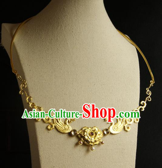 Chinese Ancient Court Golden Phoenix Necklace Traditional Princess Hanfu Necklet Accessories for Women