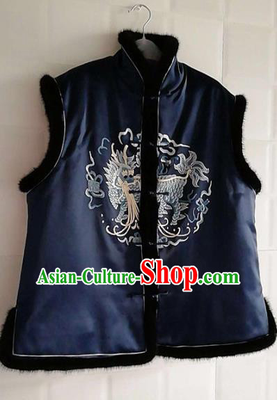 Chinese Traditional Tang Suit Embroidered Kylin Navy Vest National Costume Qipao Shirt for Women