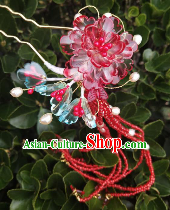 Chinese Ancient Hanfu Red Peony Tassel Hairpins Traditional Handmade Hair Accessories for Women