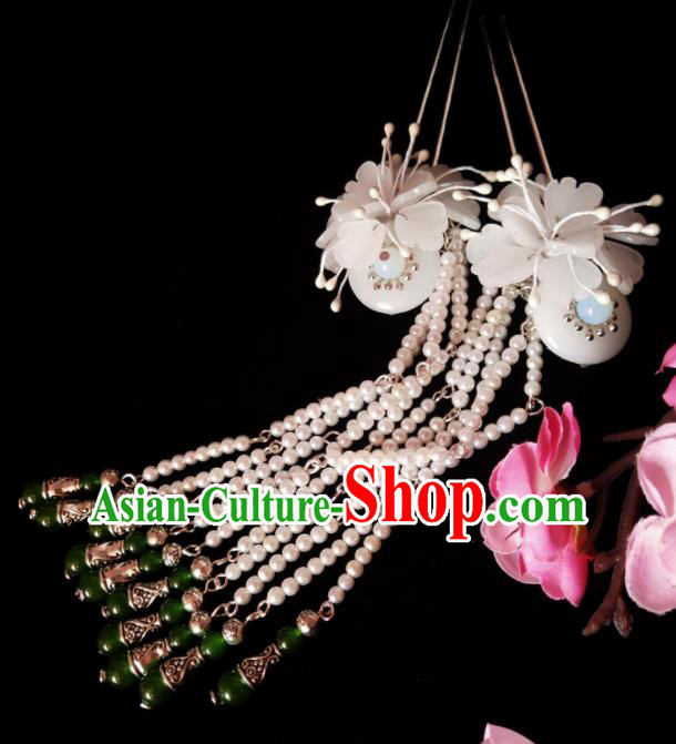 Chinese Ancient Hanfu White Beads Tassel Hairpins Traditional Handmade Hair Accessories for Women