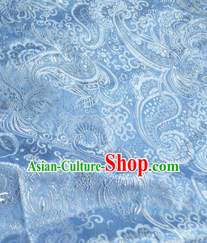 Traditional Chinese Royal Loquat Flower Pattern Design Blue Brocade Silk Fabric Asian Satin Material
