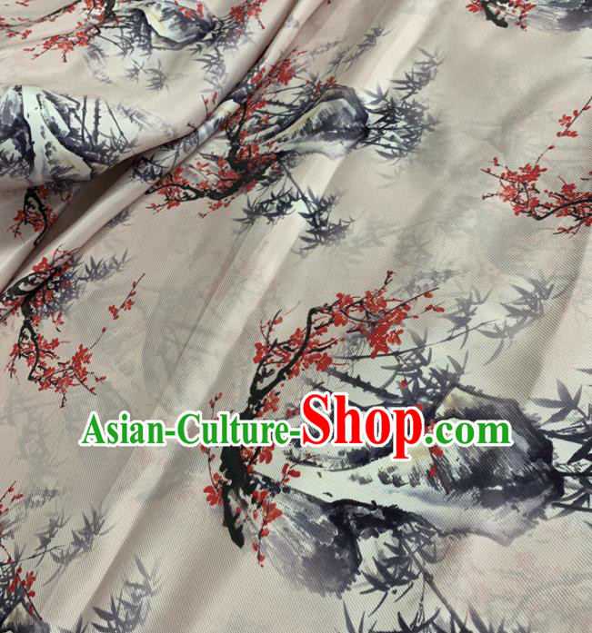 Traditional Chinese Royal Bamboo Plum Pattern Design White Brocade Silk Fabric Asian Satin Material