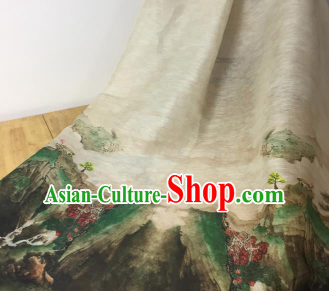 Chinese Traditional Landscape Pattern Design Beige Silk Fabric Brocade Asian Satin Material