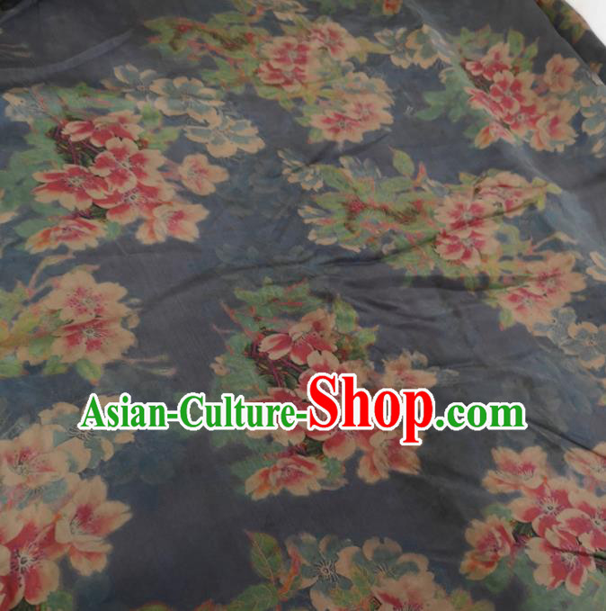 Traditional Chinese Royal Peach Flowers Pattern Design Navy Brocade Silk Fabric Asian Satin Material