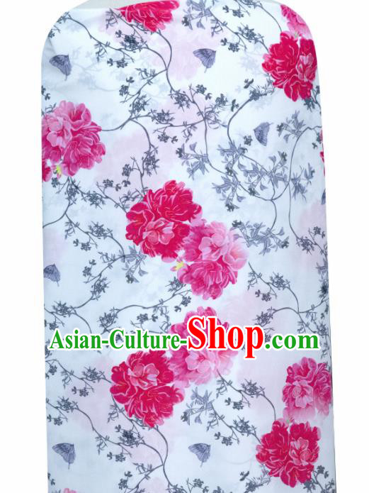 Chinese Traditional Peony Pattern Design White Satin Brocade Fabric Asian Silk Material