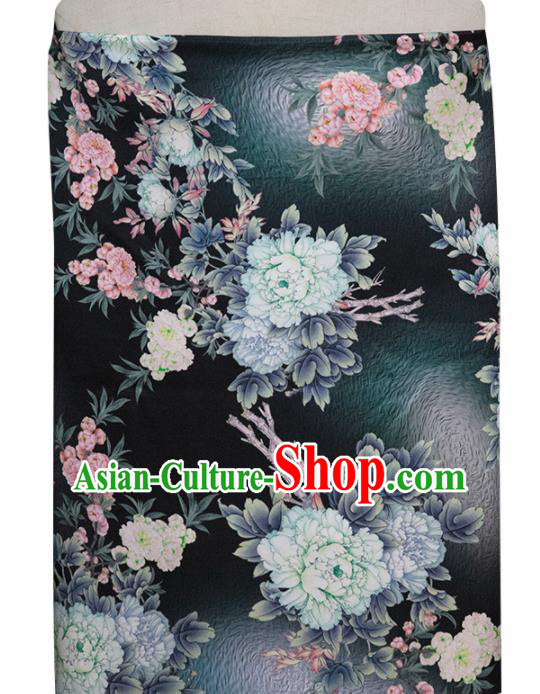 Chinese Traditional Peony Pattern Design Black Satin Brocade Fabric Asian Silk Material