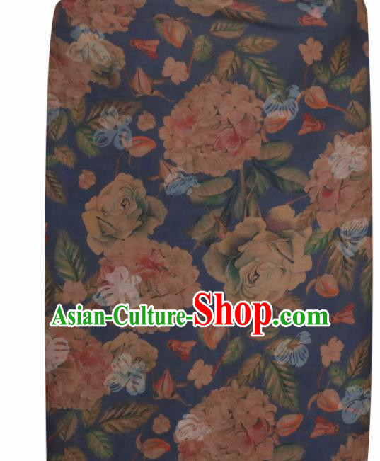 Chinese Traditional Roses Pattern Design Blue Satin Brocade Fabric Asian Silk Material