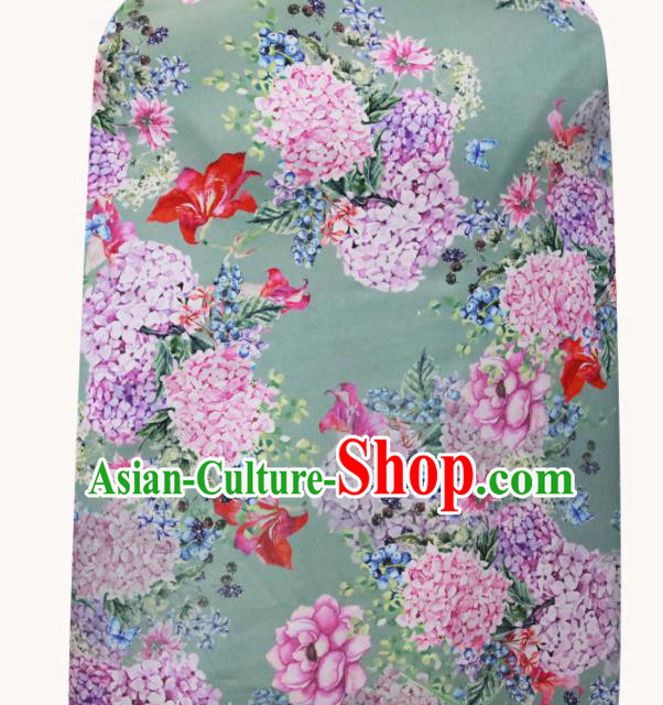 Chinese Traditional Hydrangea Pattern Design Green Satin Brocade Fabric Asian Silk Material