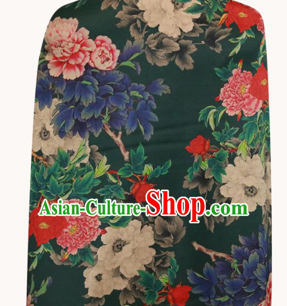 Chinese Traditional Peony Pattern Design Deep Green Satin Brocade Fabric Asian Silk Material