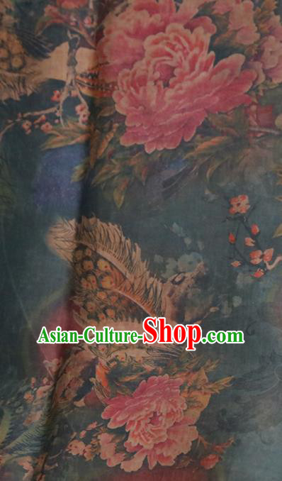 Chinese Traditional Peony Plum Pattern Design Navy Satin Brocade Fabric Asian Silk Material