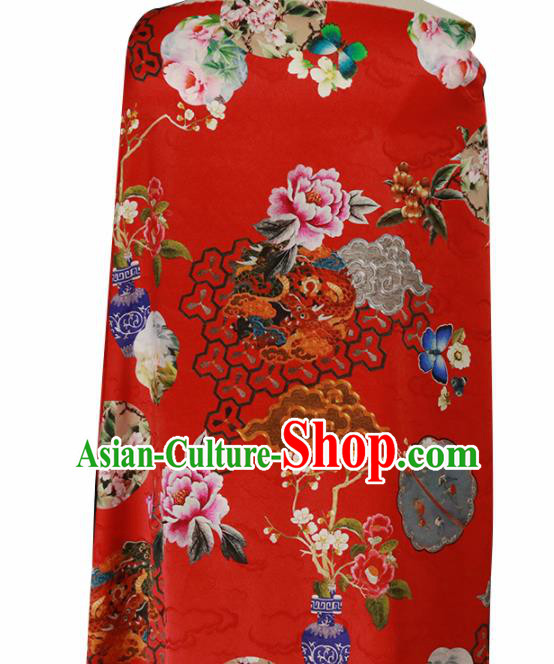 Chinese Traditional Peony Pattern Design Wedding Red Satin Brocade Fabric Asian Silk Material