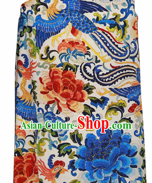 Chinese Traditional Phoenix Peony Pattern Design Wedding White Satin Brocade Fabric Asian Silk Material