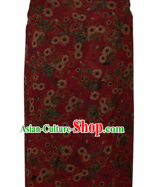 Chinese Traditional Daisy Pattern Design Cheongsam Wine Red Satin Brocade Fabric Asian Silk Material