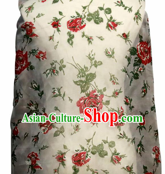 Chinese Traditional Roses Pattern Design Cheongsam White Satin Brocade Fabric Asian Silk Material