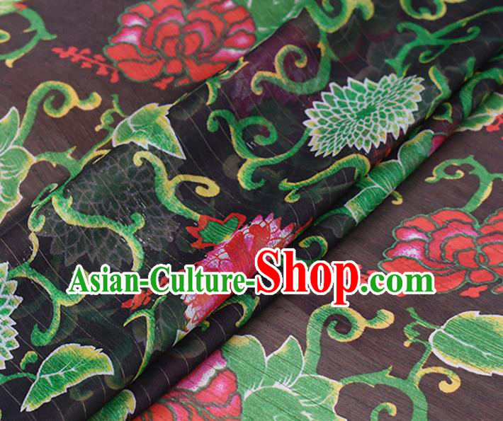 Chinese Traditional Lotus Peony Pattern Design Cheongsam Black Satin Brocade Fabric Asian Silk Material