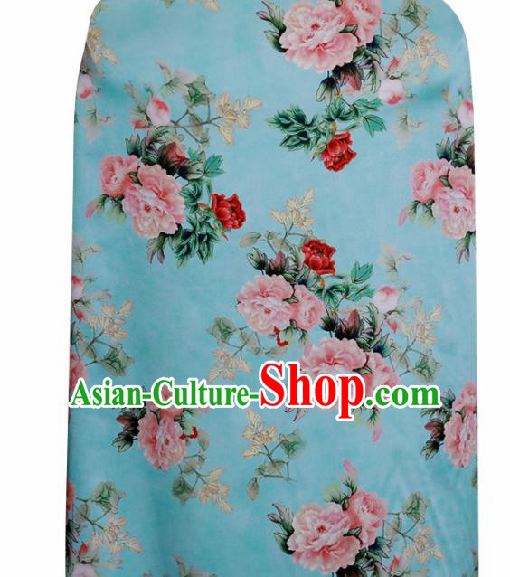 Chinese Traditional Peony Pattern Design Blue Satin Brocade Fabric Asian Silk Material