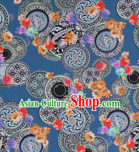 Chinese Traditional Pattern Design Cheongsam Blue Satin Brocade Fabric Asian Silk Material