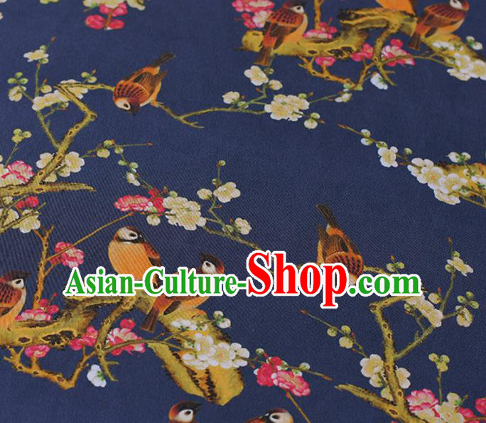 Chinese Traditional Plum Birds Pattern Design Cheongsam Navy Satin Brocade Fabric Asian Silk Material