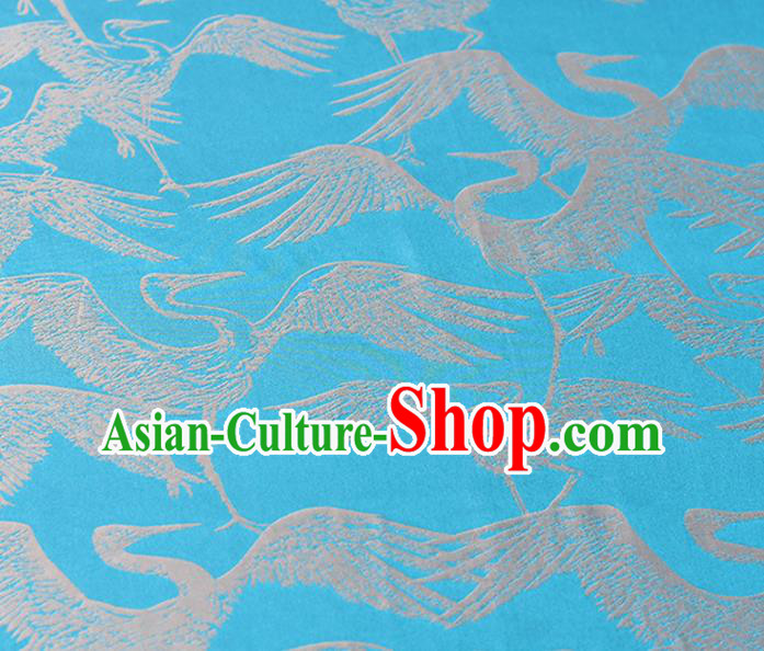Chinese Traditional Cranes Pattern Design Cheongsam Blue Satin Brocade Fabric Asian Silk Material