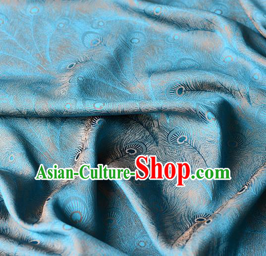 Chinese Traditional Feather Pattern Design Cheongsam Blue Satin Brocade Fabric Asian Silk Material