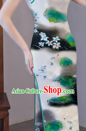 Chinese Traditional Lotus Leaf Pattern Design Cheongsam White Satin Brocade Fabric Asian Silk Material