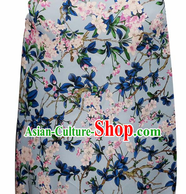 Chinese Traditional Peach Blossom Pattern Design Light Blue Satin Brocade Fabric Asian Silk Material