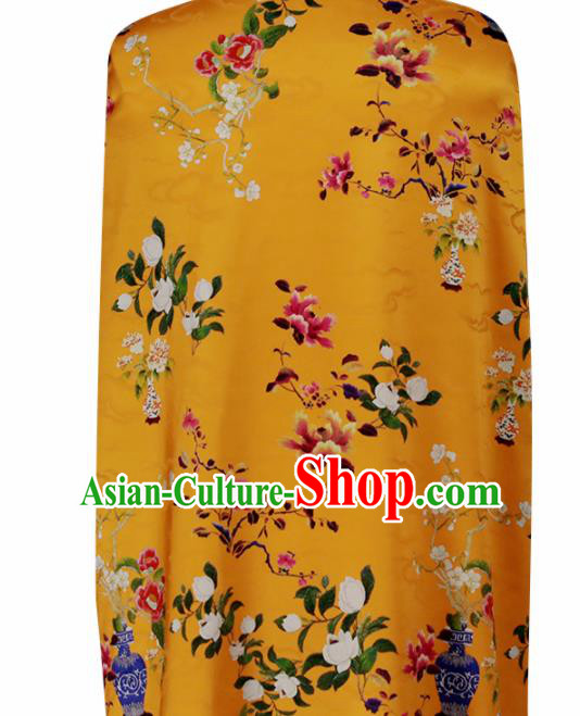 Chinese Traditional Yulan Magnolia Pattern Design Orange Satin Brocade Fabric Asian Silk Material