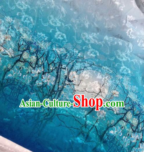 Chinese Traditional Yulan Magnolia Pattern Design Blue Satin Hanfu Brocade Fabric Asian Silk Material