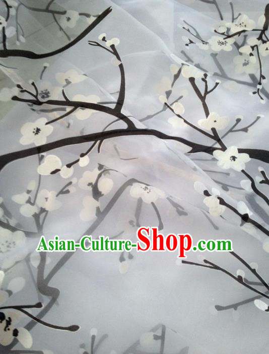 Chinese Traditional White Plum Pattern Design Satin Hanfu Brocade Fabric Asian Silk Material