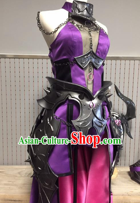 Chinese Ancient Cosplay Heroine Female Knight Purple Dress Traditional Hanfu Swordsman Costume for Women