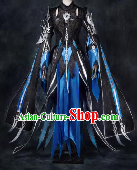 Chinese Ancient Cosplay Heroine Blue Armor Female Knight Dress Traditional Hanfu Swordsman Costume for Women