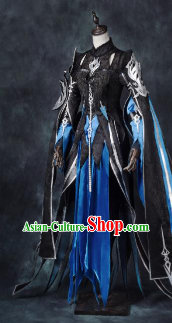 Chinese Ancient Cosplay Heroine Blue Armor Female Knight Dress Traditional Hanfu Swordsman Costume for Women