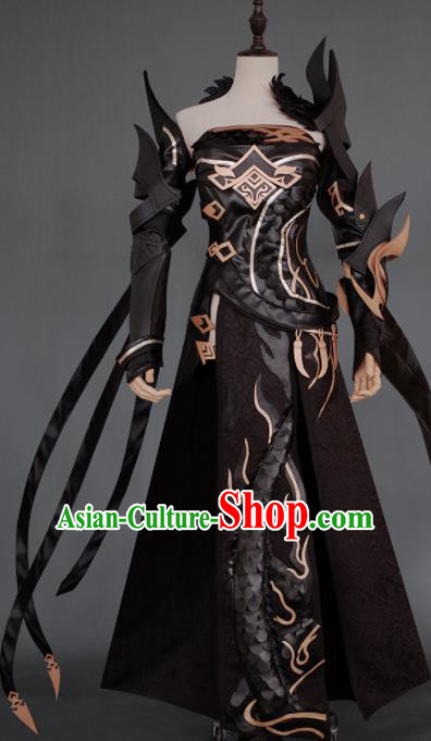 Chinese Ancient Cosplay Heroine Armor Female Knight Black Dress Traditional Hanfu Swordsman Costume for Women