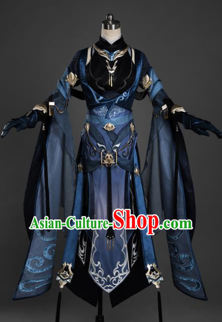 Chinese Ancient Cosplay Female General Heroine Navy Dress Traditional Hanfu Princess Swordsman Costume for Women