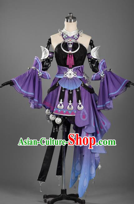 Chinese Ancient Cosplay Female General Heroine Purple Short Dress Traditional Hanfu Princess Swordsman Costume for Women