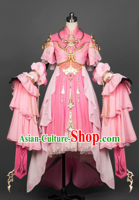 Chinese Ancient Cosplay Fairy Female Knight Heroine Pink Dress Traditional Hanfu Princess Swordsman Costume for Women