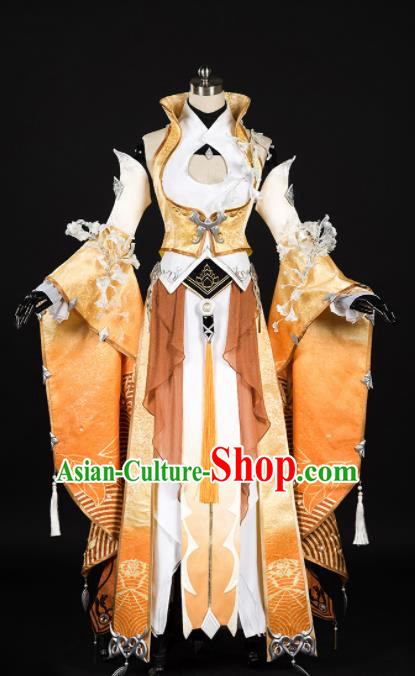 Chinese Ancient Cosplay Fairy Female Knight Heroine Yellow Dress Traditional Hanfu Princess Swordsman Costume for Women