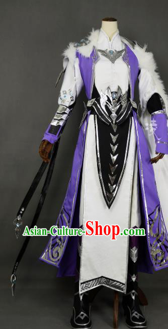 Chinese Ancient Cosplay Young Hero Purple Clothing Traditional Hanfu Swordsman Costume for Men