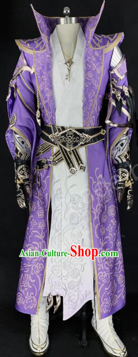 Chinese Ancient Drama Cosplay Young Knight Prince Purple Clothing Traditional Hanfu Swordsman Costume for Men