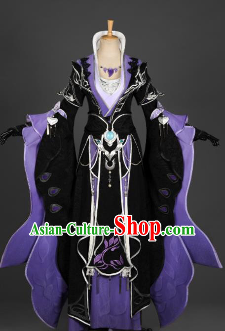 Chinese Ancient Cosplay Fairy Queen Purple Dress Traditional Hanfu Female Knight Swordsman Costume for Women