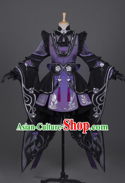 Chinese Ancient Cosplay Fairy Female Knight Purple Short Dress Traditional Hanfu Princess Swordsman Costume for Women