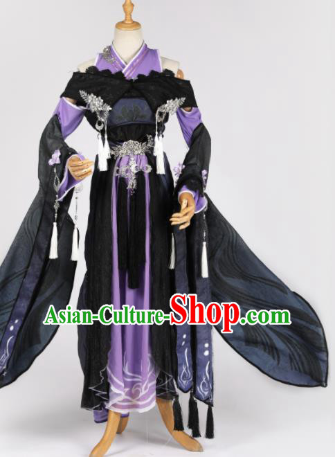 Chinese Ancient Cosplay Game Fairy Princess Purple Dress Traditional Hanfu Swordsman Costume for Women