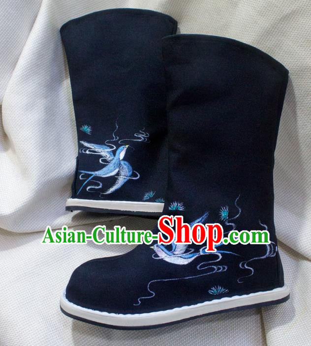 Asian Chinese Ancient Taoist Priest Embroidered Birds Shoes Swordsman Black Boots Traditional Hanfu Shoes for Men