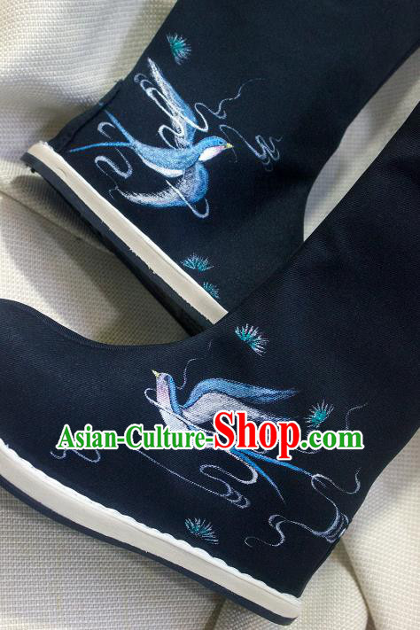 Asian Chinese Ancient Taoist Priest Embroidered Birds Shoes Swordsman Black Boots Traditional Hanfu Shoes for Men