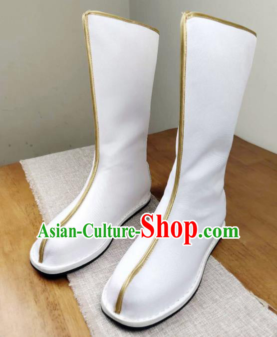 Asian Chinese Ancient Swordsman Printing Cranes White Boots Taoist Priest Shoes Traditional Hanfu Shoes for Men