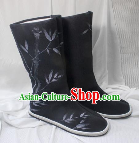 Asian Chinese Ancient Swordsman Printing Bamboo Black Boots Taoist Priest Shoes Traditional Hanfu Shoes for Men